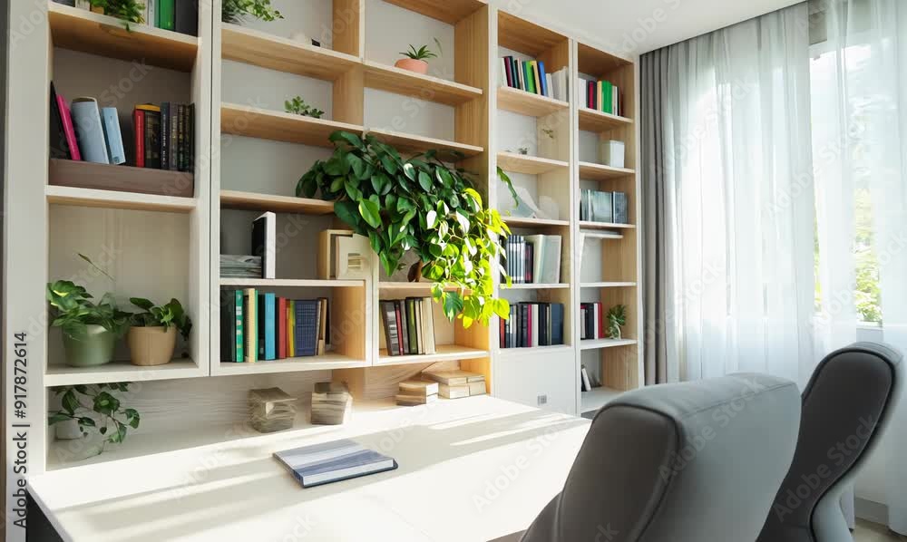 interior of modern living room with bookshelf and armchair interior of modern living room with bookshelf and armchair
