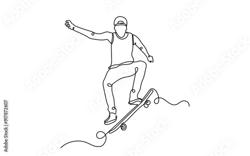 One Continuous line drawing of a skateboarder young teenage man. A Single-line skateboarder jumping boy playing with a skateboard isolated on a white background.