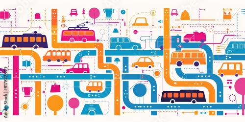 A colorful network diagram representing diverse transportation routes such as roads, railways, and bus lines, demonstrating a comprehensive transit system