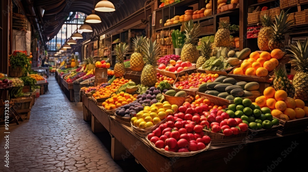 Photograph of a vibrant fruit market overflowing with fresh produce Photograph of a vibrant fruit market overflowing with fresh produce