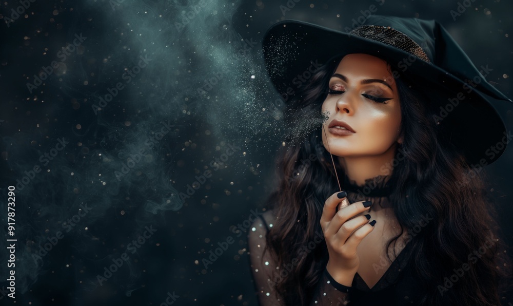 Lady wearing witch costume with a magic wand blows a magic dust. The girl casts a spell. Halloween concept. Banner with copy space for event, flyer. Lady wearing witch costume with a magic wand blows a magic dust. The girl casts a spell. Halloween concept. Banner with copy space for event, flyer.