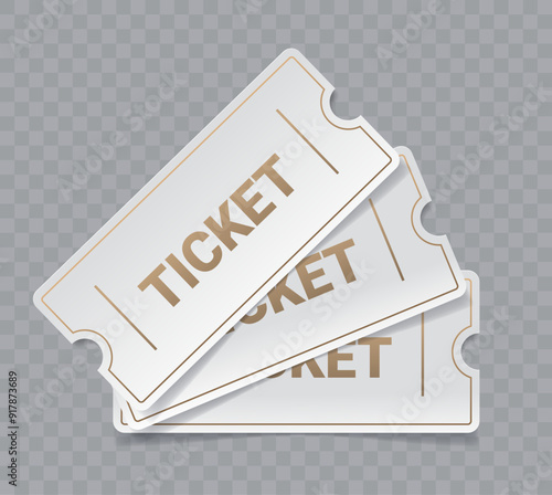 Three realistic white tickets on transparent background. 3D vector illustration