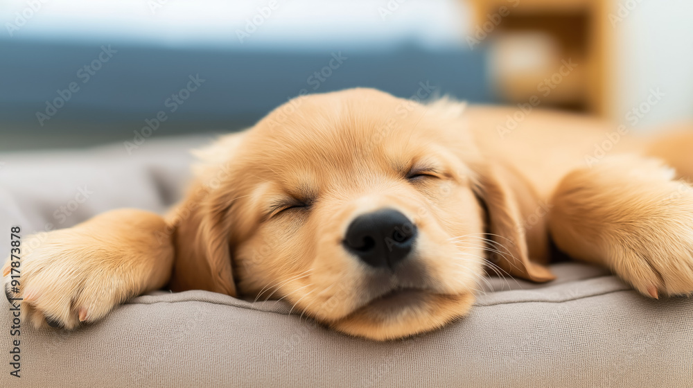 Adorable puppy stretched out upside down in a dog bed, looking relaxed and peaceful, showing a cute and comfortable sleeping position Adorable puppy stretched out upside down in a dog bed, looking relaxed and peaceful, showing a cute and comfortable sleeping position