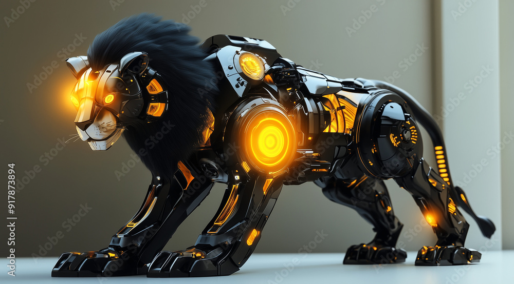 Fototapeta premium Innovative Robot Lion Sculpture: Regal Beast Design for Modern Art Enthusiasts