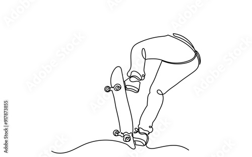 One Continuous line drawing of a skateboarder young teenage man. A Single-line skateboarder jumping boy playing with a skateboard isolated on a white background.