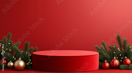 A snowy Christmas-themed podium with a red velvet surface, surrounded by pine branches, ornaments, and twinkling fairy lights 