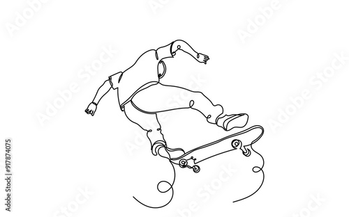 One Continuous line drawing of a skateboarder young teenage man. A Single-line skateboarder jumping boy playing with a skateboard isolated on a white background.