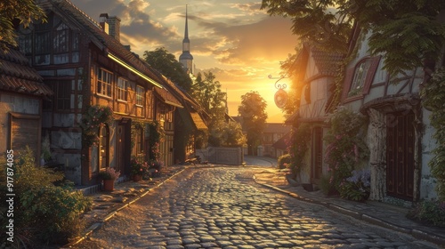 Fototapeta Naklejka Na Ścianę i Meble -  Scenic sunset behind quaint village with cobblestone streets and charming houses