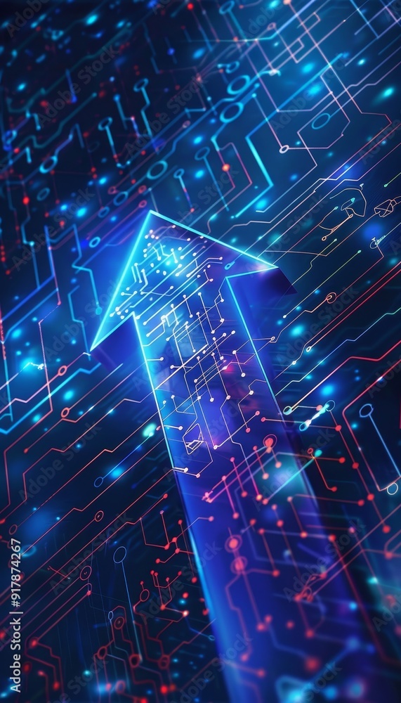 Business growth arrow in circuit tech on dark blue background symbolizes market success Business growth arrow in circuit tech on dark blue background symbolizes market success