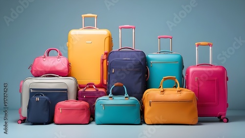 Set of colorful, separate suitcases, group of contemporary travel bags, handbags, assortment of luggage, and baggage collection,  Stylish Travel Bags and Suitcases on Blue Background”