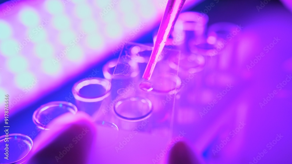 Analyzing Chemicals in Neon Purple Light Using Advanced Laboratory Equipment Analyzing Chemicals in Neon Purple Light Using Advanced Laboratory Equipment
