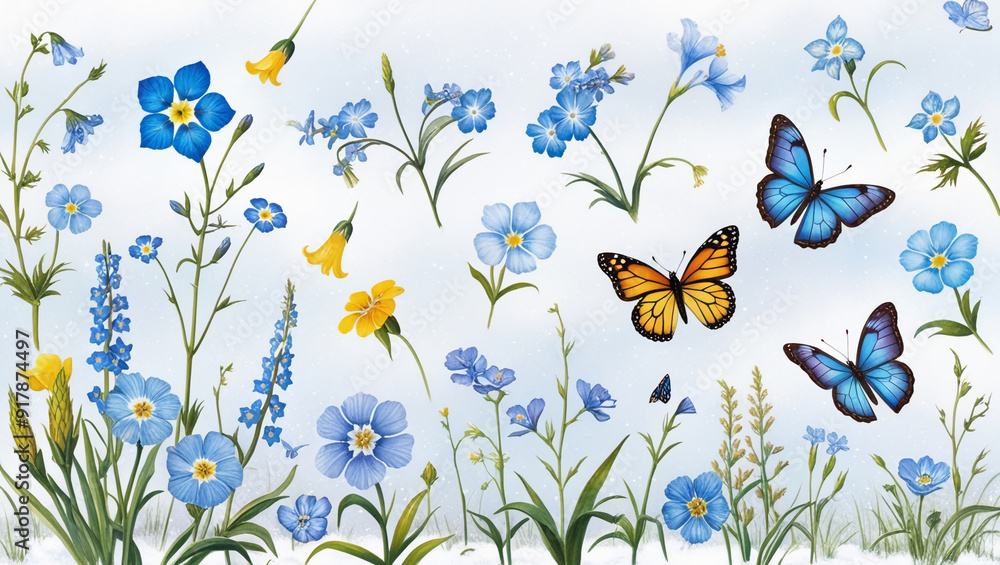 Bright, delicate blue flowers of various shapes and sizes. Bright, delicate blue flowers of various shapes and sizes.