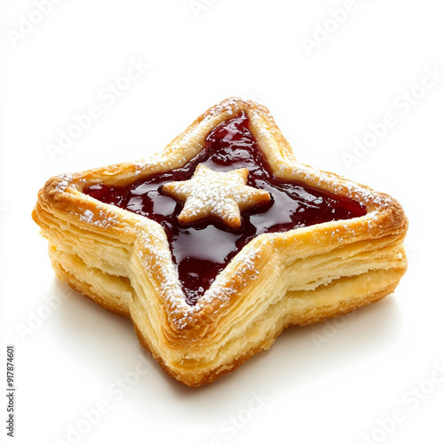 Finnish joulutorttu, a star-shaped prune jam pastry, for Christmas, isolated on white background, side view  photo