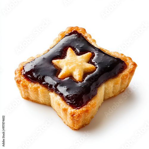 Finnish joulutorttu, a star-shaped prune jam pastry, for Christmas, isolated on white background, side view  photo