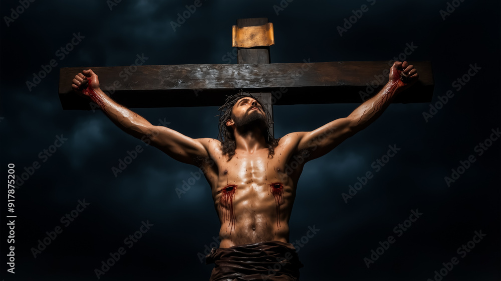 Obraz premium Jesus on the cross at Golgotha, with a darkened sky, realistic details