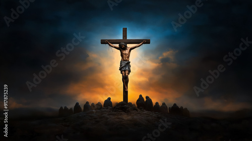 Wallpaper Mural Jesus on the cross at Golgotha, with a darkened sky and mourners standing at the foot of the cross  Torontodigital.ca