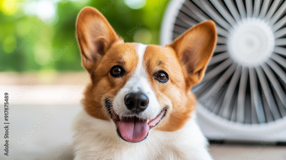 Relaxed dog lying belly up in front of a fan, with a happy face and fur gently ruffled by the breeze, enjoying the summer cool Relaxed dog lying belly up in front of a fan, with a happy face and fur gently ruffled by the breeze, enjoying the summer cool