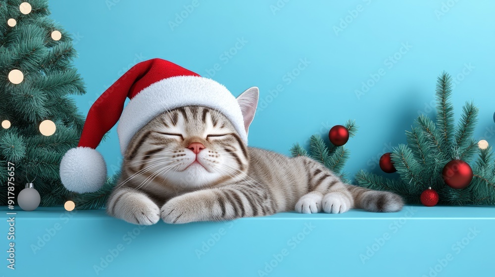 Festive holiday scene, adorable kitten in santa hat sleeping by christmas tree on blue background ideal for cards or banners. Festive holiday scene, adorable kitten in santa hat sleeping by christmas tree on blue background ideal for cards or banners.