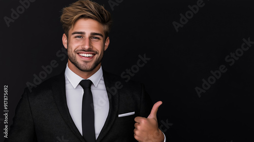 Smiling male model in a stylish black suit, pointing to a sale sign, luxury gradient background in black and silver, Black Friday vibe 