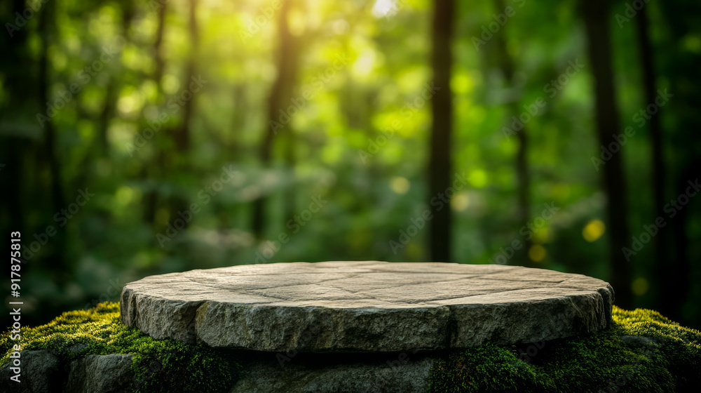 Stone podium on a moss-covered rock platform with a green forest background, sunlight filtering through the trees, and blurred foliage Stone podium on a moss-covered rock platform with a green forest background, sunlight filtering through the trees, and blurred foliage