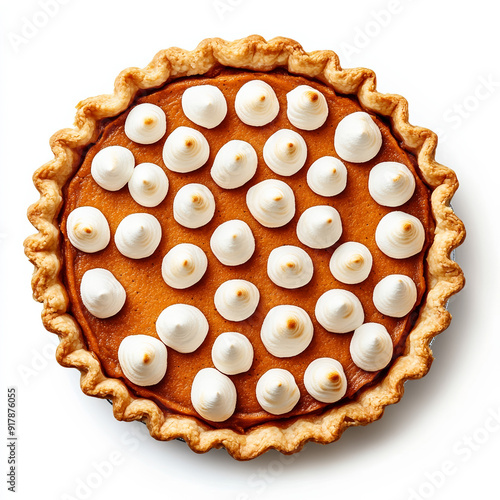 Thanksgiving sweet potato pie with marshmallow topping, isolated on white background, top view  photo