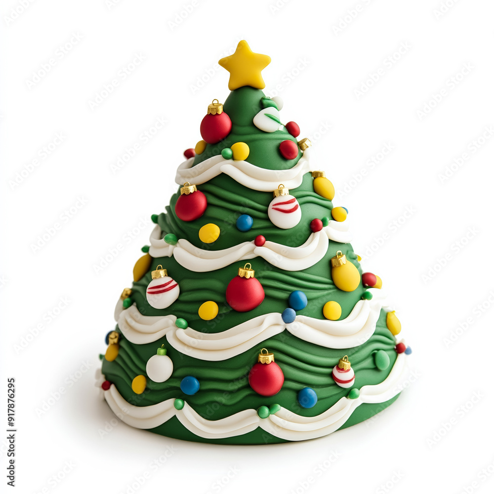 Wide angle of a Christmas tree-shaped cake with colorful ornaments isolated on white background Wide angle of a Christmas tree-shaped cake with colorful ornaments isolated on white background