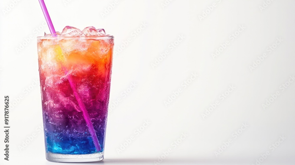 Brightly colored anime drink in a glass with ice and a straw, isolated on a clean white background Brightly colored anime drink in a glass with ice and a straw, isolated on a clean white background