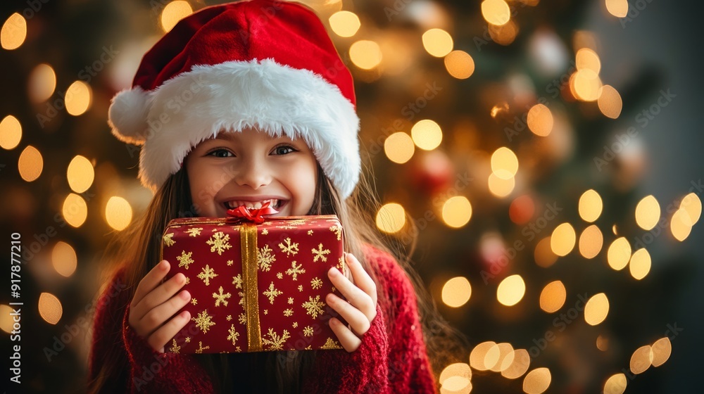 Girl smiling by a christmas tree with a gift, lights, and decorations, creating a festive and magical atmosphere, evoking love and family traditions