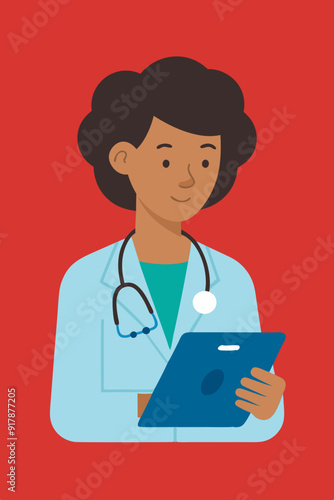 Medical professionals review patient information on a digital tablet, flat vector illustration