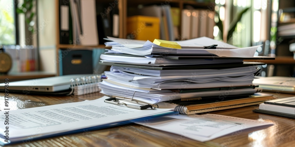 A professional workspace with policy documents and manuals neatly arranged on a desk, showcasing organized paperwork and clear instructions for business operations A professional workspace with policy documents and manuals neatly arranged on a desk, showcasing organized paperwork and clear instructions for business operations