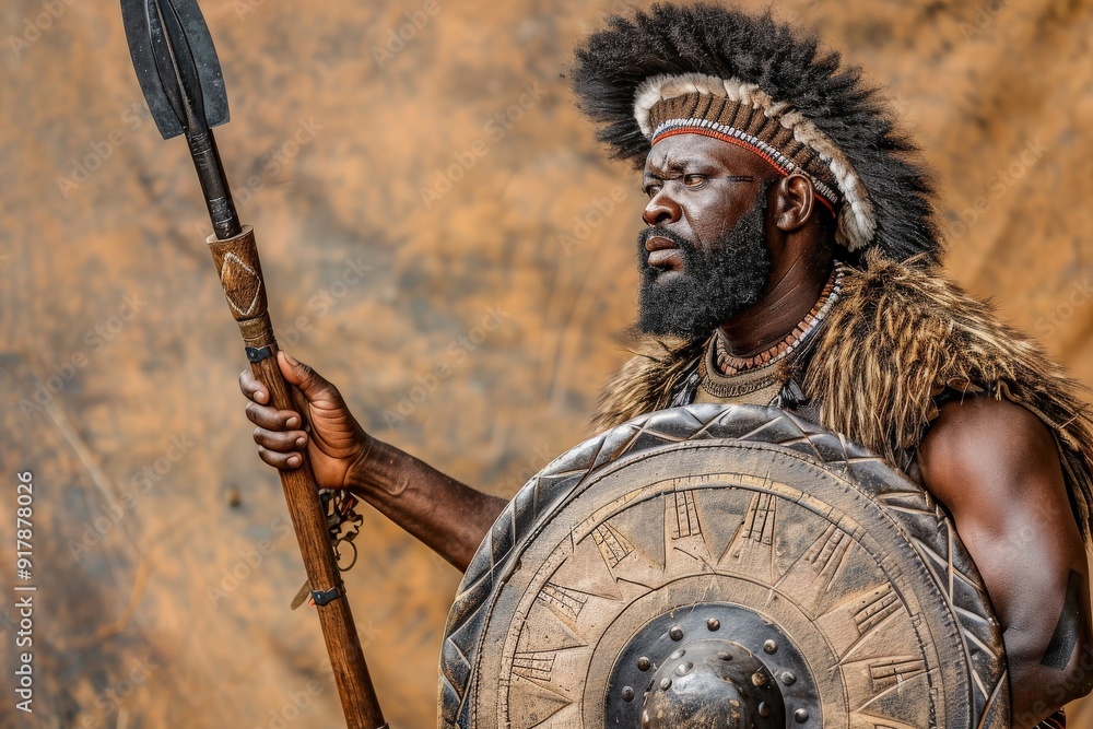Clad in traditional warrior attire, a Zulu fighter holds his spear and ...
