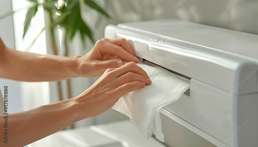 Woman putting new fresh paper towels into dispenser in bathroom, closeup Woman putting new fresh paper towels into dispenser in bathroom, closeup