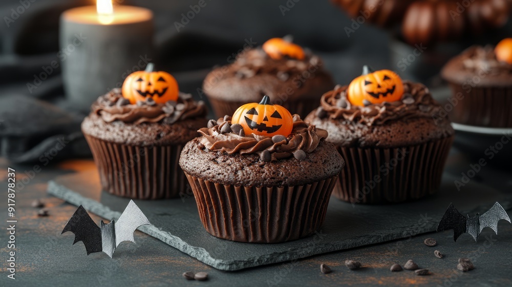 Indulge in scrumptious chocolate cupcakes with rich buttercream and sugar pumpkins for halloween. Highlight your autumn celebrations with these sweet treats Indulge in scrumptious chocolate cupcakes with rich buttercream and sugar pumpkins for halloween. Highlight your autumn celebrations with these sweet treats
