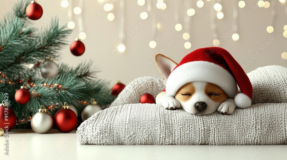 Peaceful puppy in a santa hat sleeps by a christmas tree, creating a cozy, festive holiday atmosphere perfect for winter greetings