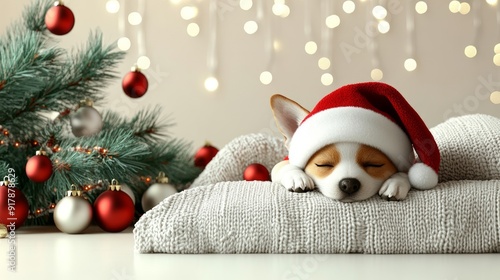 Obraz na płótnie Peaceful puppy in a santa hat sleeps by a christmas tree, creating a cozy, festive holiday atmosphere perfect for winter greetings w salonie