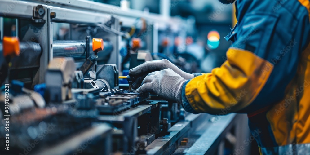 Detailed view of a worker and machinery processing products in a production facility, with visible assembly stages and quality checks, highlighting manufacturing efficiency Detailed view of a worker and machinery processing products in a production facility, with visible assembly stages and quality checks, highlighting manufacturing efficiency