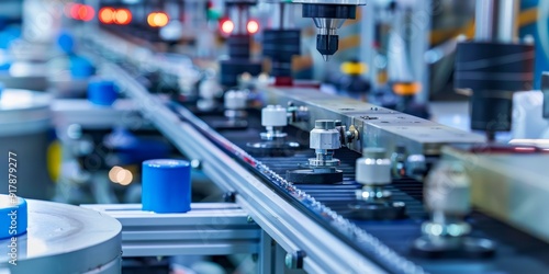 Close-up of a production line with products being processed, featuring advanced machinery, assembly stages, and quality control, highlighting modern manufacturing practices