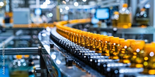 Detailed view of a production line where products are being processed, inspected, and packaged, emphasizing the efficiency and precision of the manufacturing process