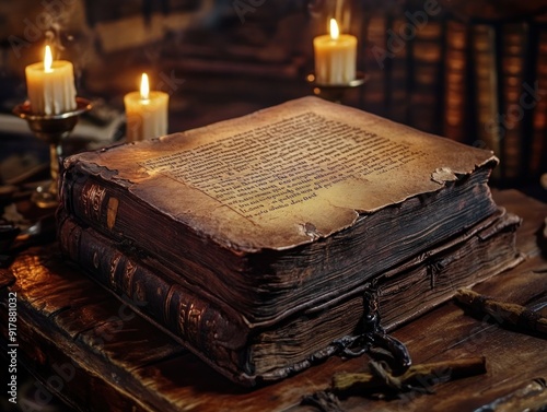 Ancient Book Under Candlelight