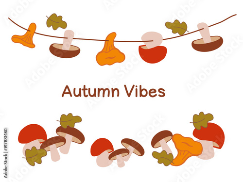 Colorful autumn-themed decorations featuring various mushrooms and leaves in warm tones