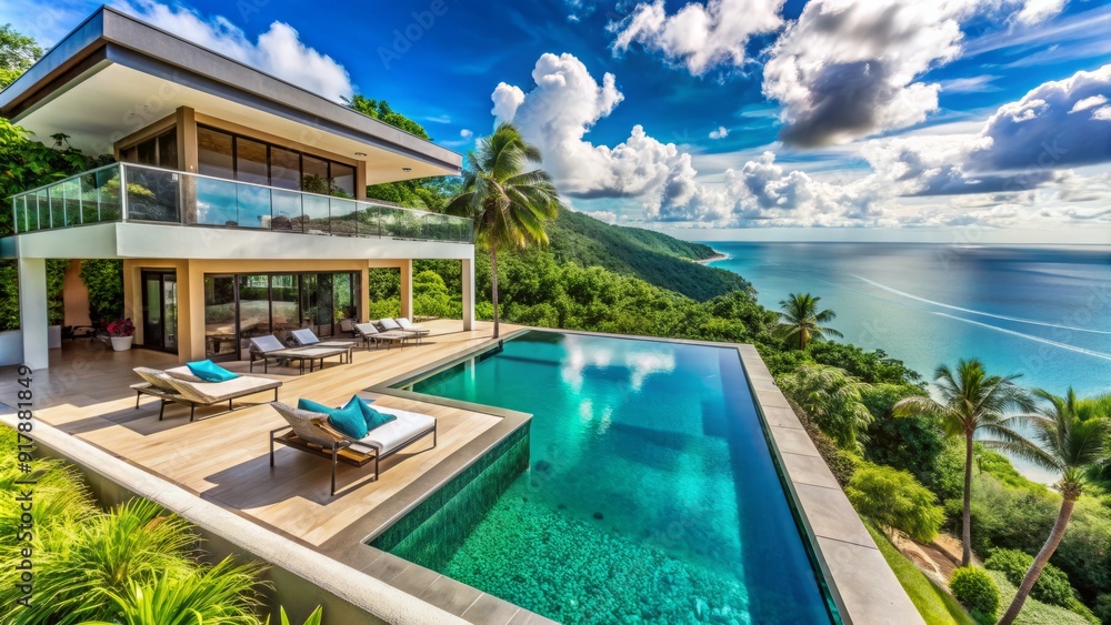 Fototapeta premium Breathtaking luxury villa overlooking turquoise ocean, surrounded by lush greenery, features sleek modern architecture, infinity pool, and endless panoramic views of the tropical paradise.
