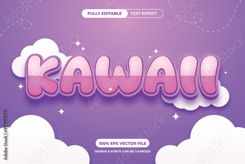A kawaii text effect with clouds and stars. The text is in a 3D style and the colors are pink and purple.