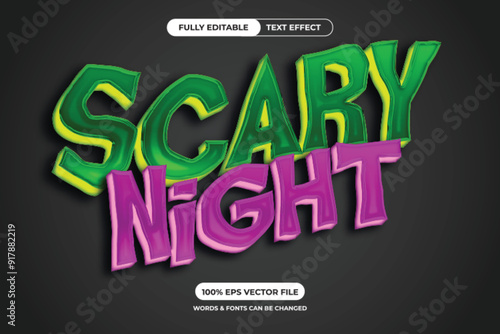 A 3D text effect design for the words 'Scary Night' in green and pink color with an editable template.