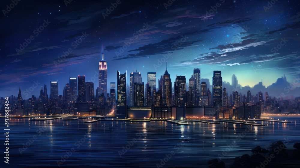 Fototapeta premium A majestic panorama of New York City's skyline after dark