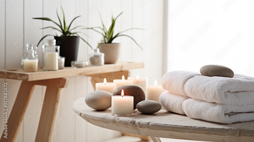 A serene spa setup with massage stones, candles, A serene spa setup with massage stones, candles,