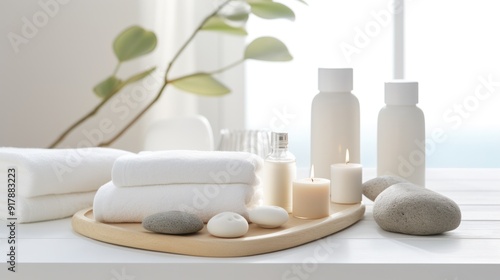 A tranquil spa scene with massage stones, skin care products