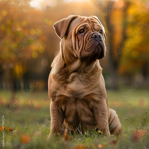 A middle-aged puppy dog with a wrinkly face and floppy ears sitting in a grassy field with blurred foliage in the background