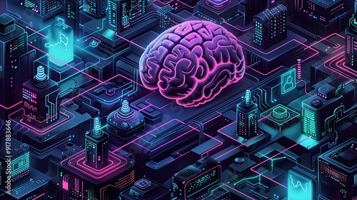 Brainpower: A 3D illustration of a futuristic digital city with a brain as the central component