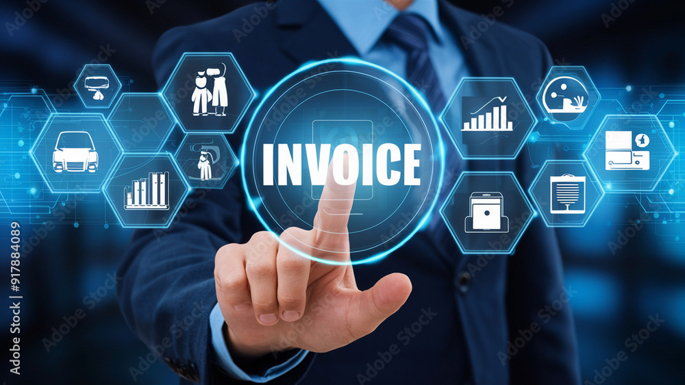 The concept of Invoice and Online Digital Statements involves a businessman interacting with a virtual screen displaying invoice icons, streamlining billing and payment processes. The concept of Invoice and Online Digital Statements involves a businessman interacting with a virtual screen displaying invoice icons, streamlining billing and payment processes.
