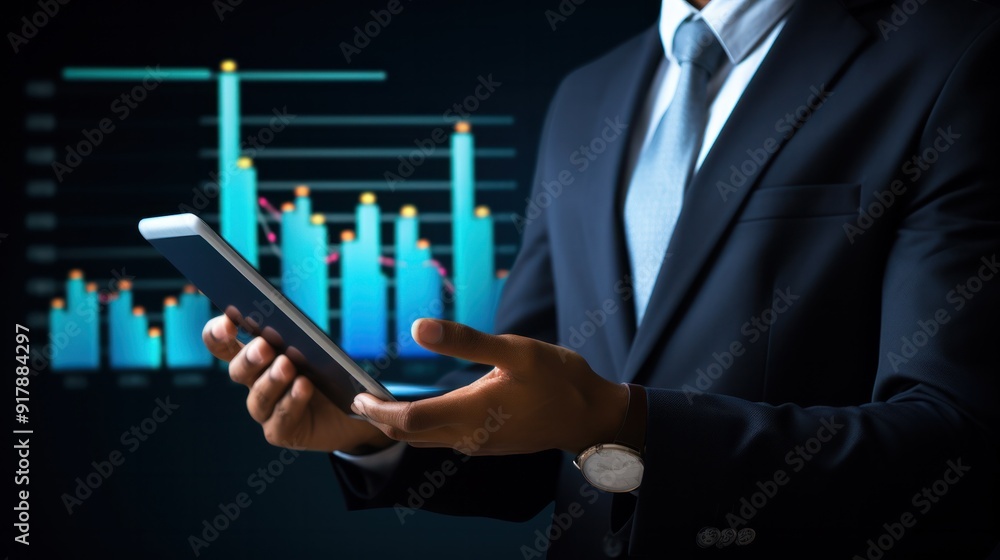Businessman analyzing financial and investment data on a digital tablet Businessman analyzing financial and investment data on a digital tablet